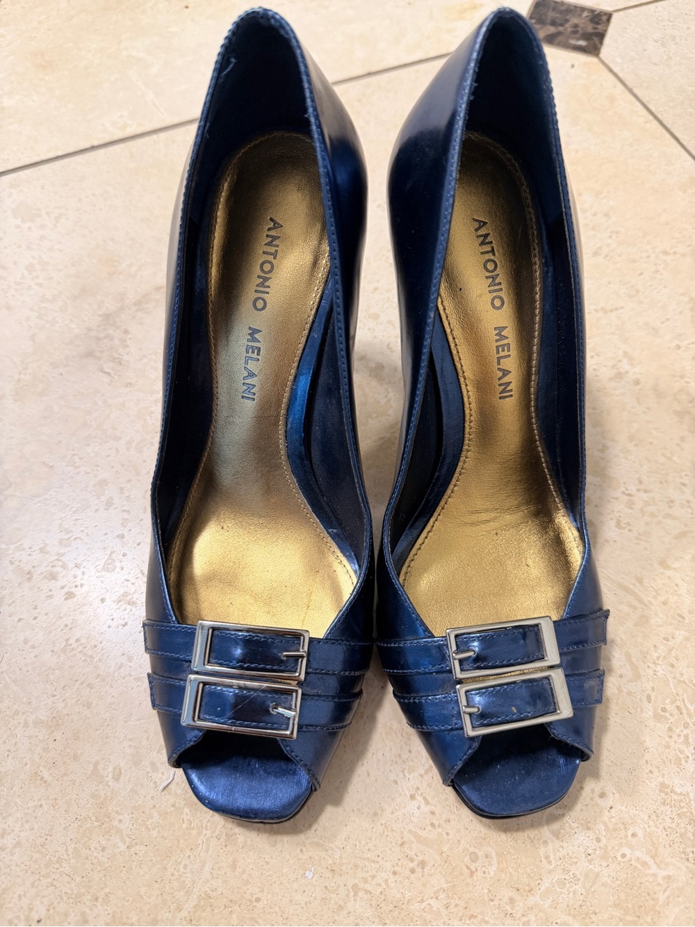 ANTONIO MELANI Navy Peep-Toe Heels with Double Buckle